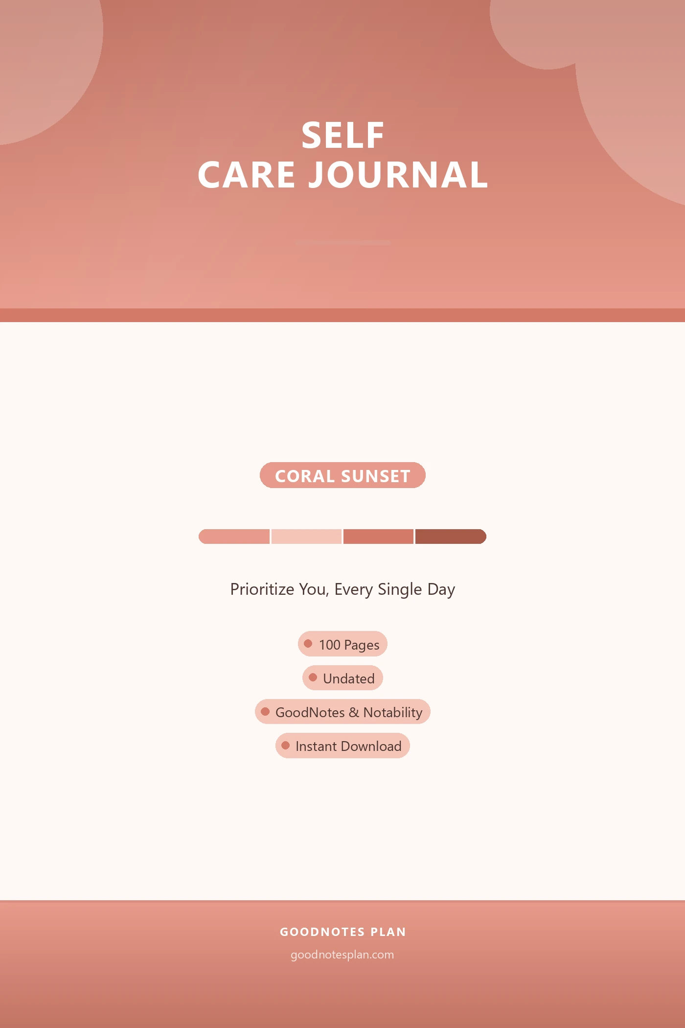 Self Care Journal — Coral Sunset — undated digital planner cover