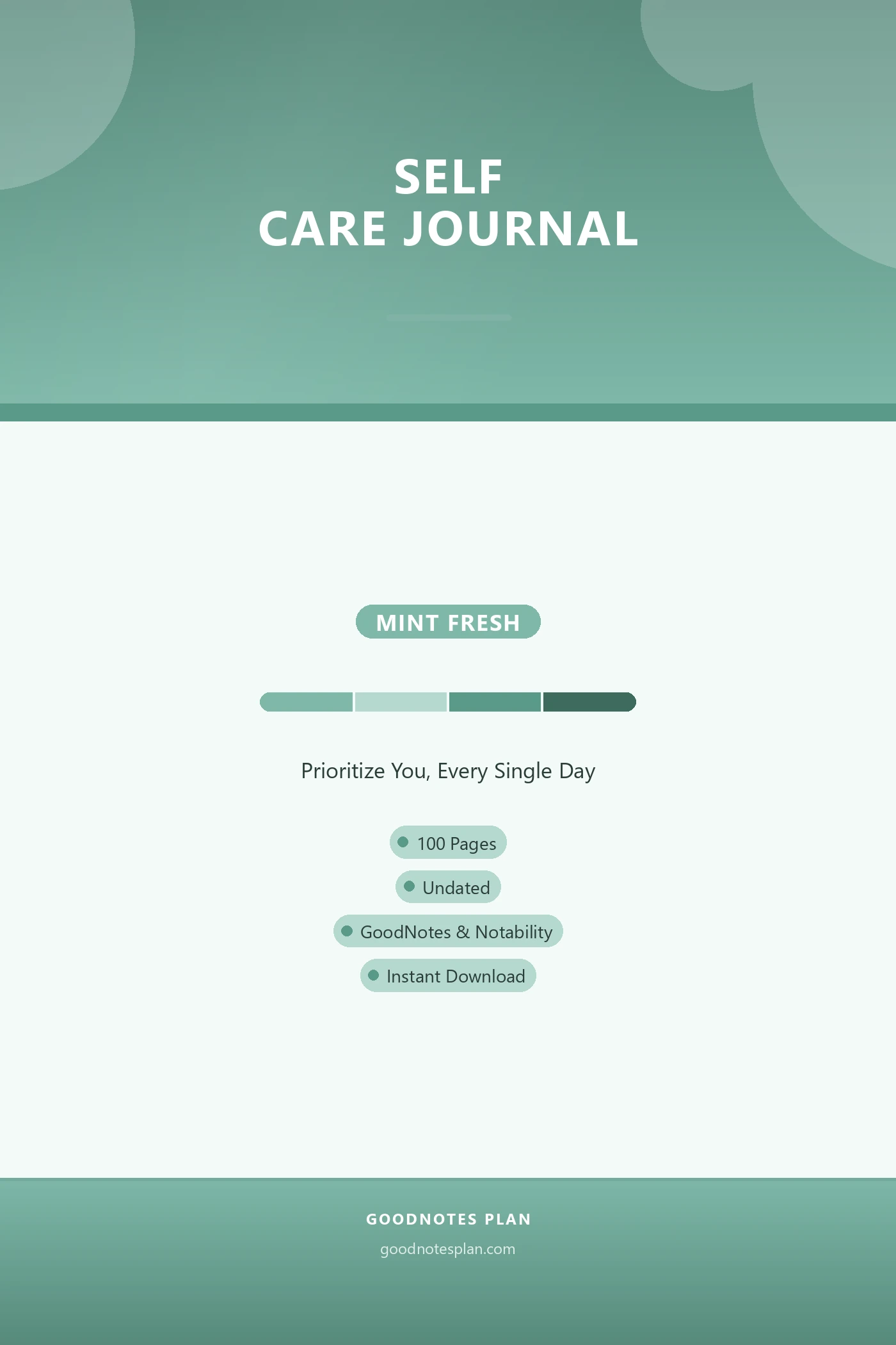 Self Care Journal — Mint Fresh — undated digital planner cover
