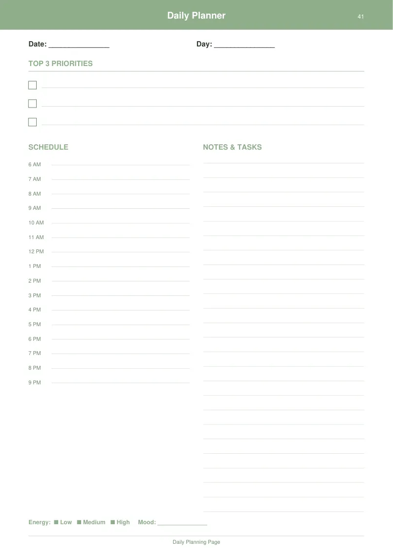 Daily Planner — Sage Green — page 2 preview