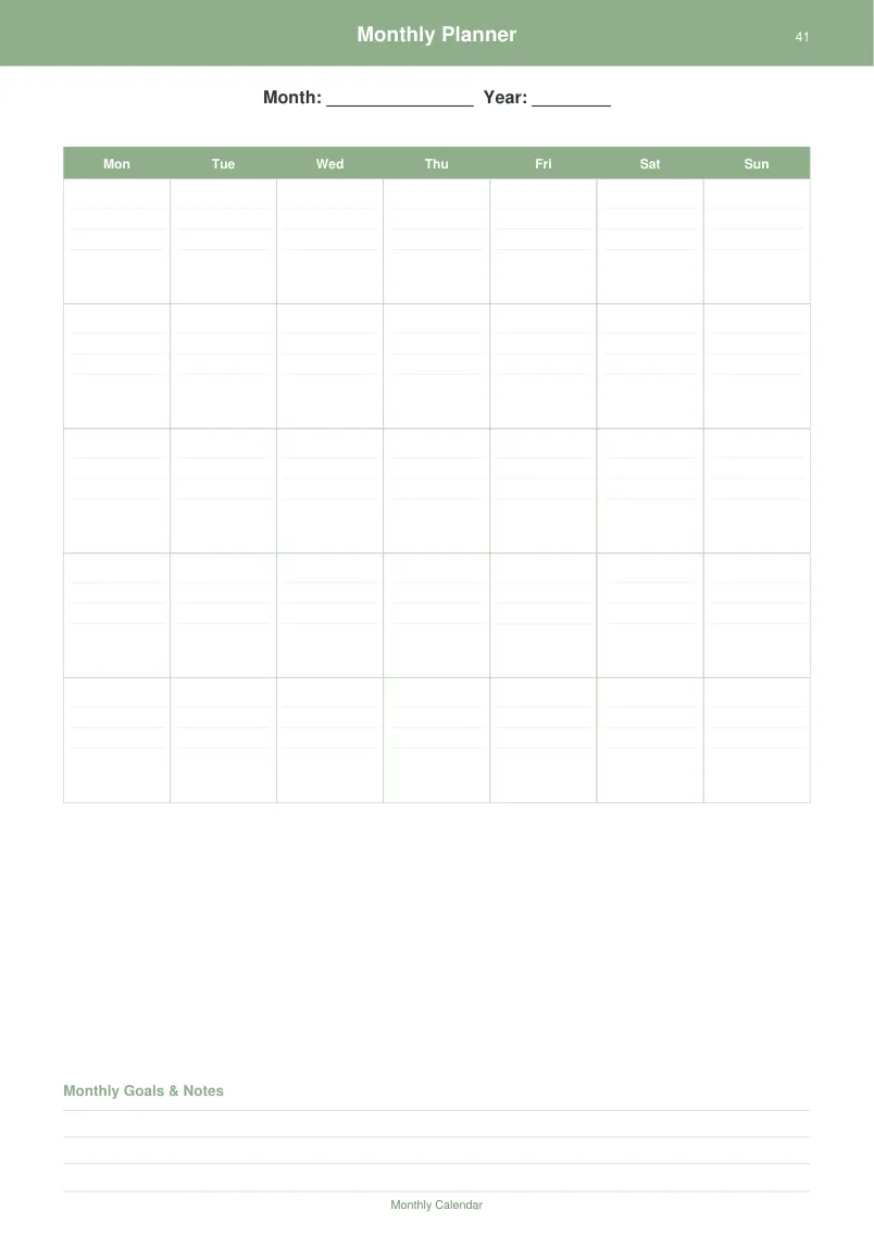 Monthly Planner — Sage Green — page 2 preview