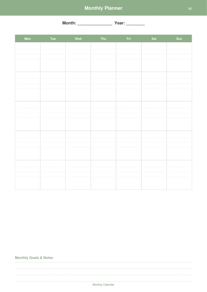 Monthly Planner — Sage Green — page 4 preview